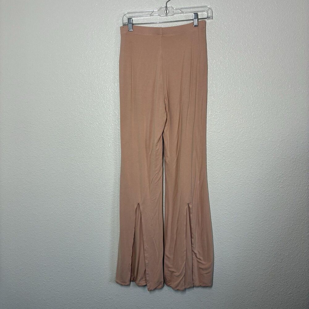 Oh Polly Pants Womens 10 Pink Blush Jersey Wide Leg Front Slit Stretch Pull On
